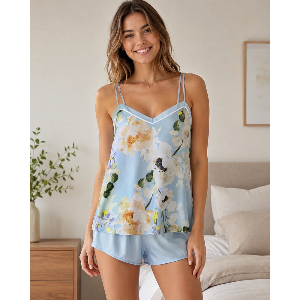 B by Ted Baker Floral Pajama Cami Top Blue Size 16 Strappy Sleepwear PF Satin